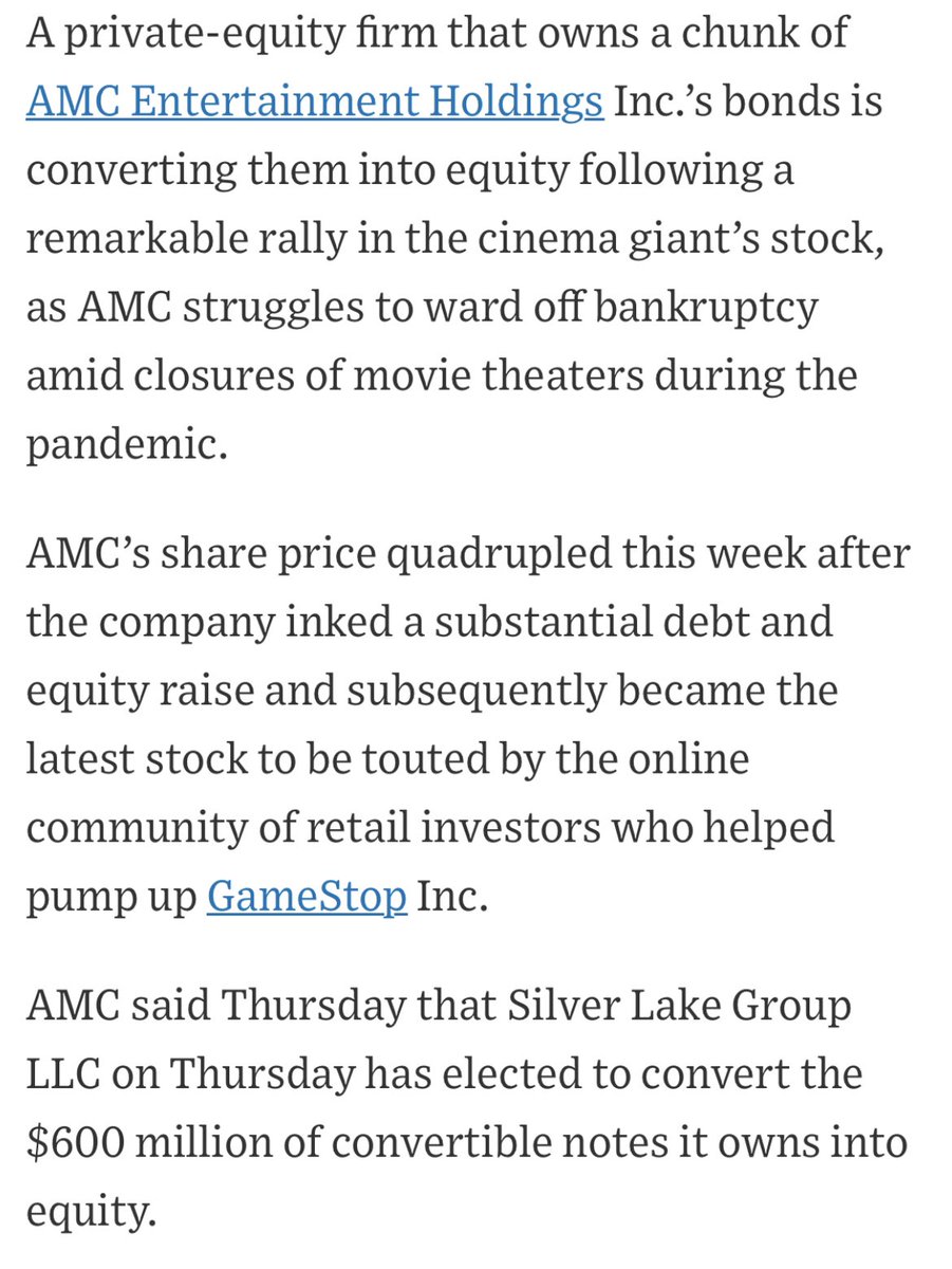 Apparently it was the $60 billion private equity fund Silver Lake that indulged in some enthusiasm over the Reddit rally, possibly saving the future of movies in the process. I’m guessing they’re probably feeling pretty sore at RobinHood et al. today.  https://www.wsj.com/articles/silver-lake-converts-amc-debt-to-equity-as-cinema-chains-stock-price-soars-11611842367