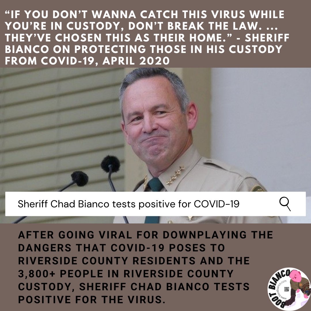 BiancoBoot's tweet photo. As of January 28th, there have been 925 confirmed cases of COVID-19 among those incarcerated in Riverside County jails. Riverside County has 0.0% ICU capacity. It's time to #BootBianco and #ReleaseRiverside from the violence of mass incarceration and policing. https://t.co/Ek5qLxnhSV