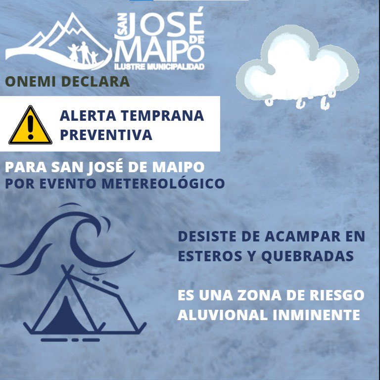 MuniSJdeMaipo's tweet image. RECUERDA que nos encontramos en “Alerta Temprana Preventiva” por anuncio de tormentas eléctricas con lluvia a gran altura para este fin de semana.  Desiste de internarte por cuencas fluviales que revisten riesgo de aluvión, abstente de internarte en la cordillera!