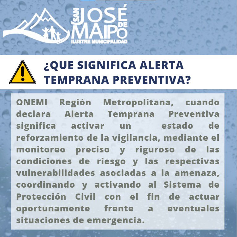 MuniSJdeMaipo's tweet image. RECUERDA que nos encontramos en “Alerta Temprana Preventiva” por anuncio de tormentas eléctricas con lluvia a gran altura para este fin de semana.  Desiste de internarte por cuencas fluviales que revisten riesgo de aluvión, abstente de internarte en la cordillera!