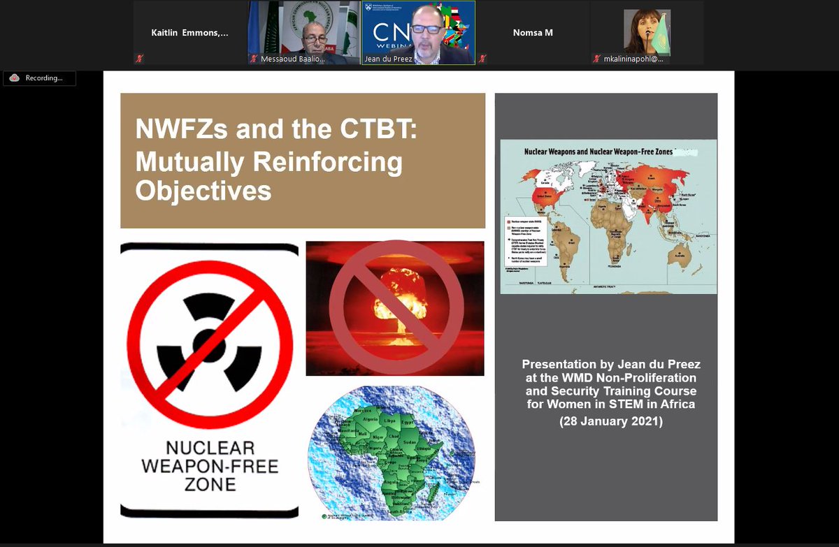 Moderated by @eland_princess, Day 4 #WomenInSTEMAfrica course with <a href="/JamesMartinCNS/">CNS</a> <a href="/africsis/">AFRICSIS</a> is off to an exciting start! Jean du Preez sharing expertise on #NWFZ and the #CTBT. Next up, Executive Secretary Messaoud Baaliouamer of #AFCONE
