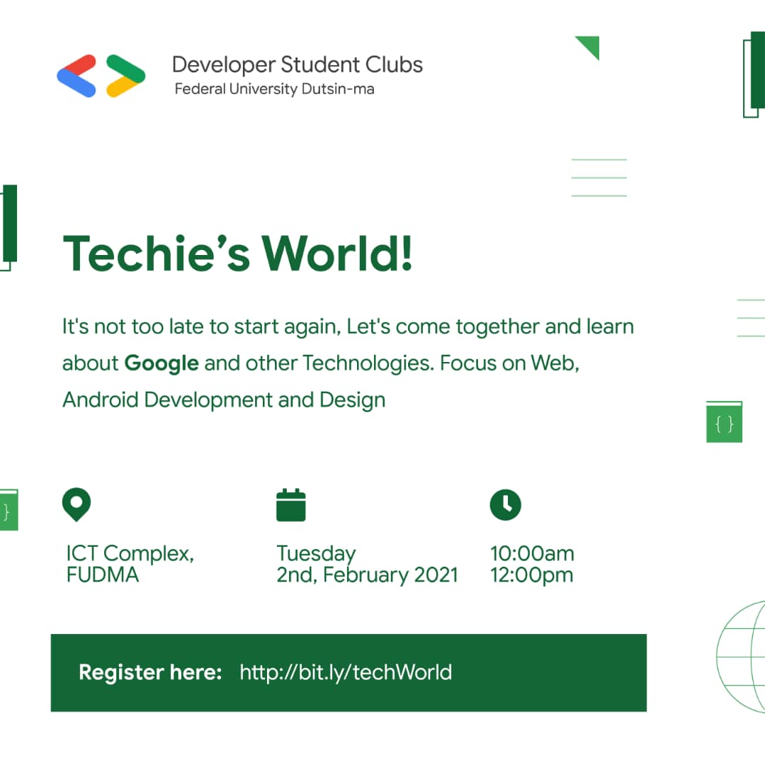 DSCFudma's tweet photo. *It's time to implement those beautiful ideas and make a better World for all of us.

We call on FUDMA students who are interested to dive into the Tech World.

Join us on 2nd February, 2021

RSVP: https://t.co/WEnXsf7C42
See you there!

#growwithgoogle 
@fudmastudents https://t.co/ntc6wKi0uI