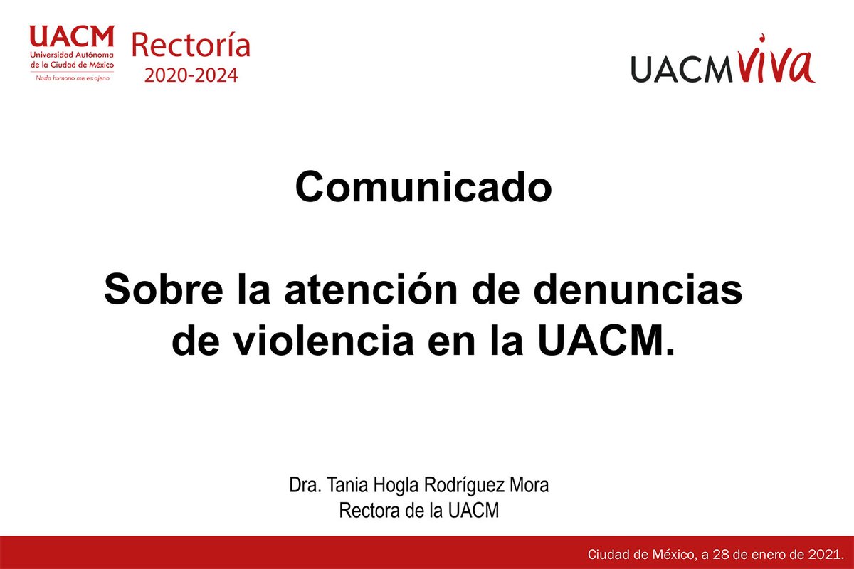 UACM's tweet photo. #UACM #Rectoría #Comunicado 

Comunicado de la rectoría de la UACM sobre la atención de denuncias de violencia. 

https://t.co/veM2TWhFfy https://t.co/KHUX3cNfoG