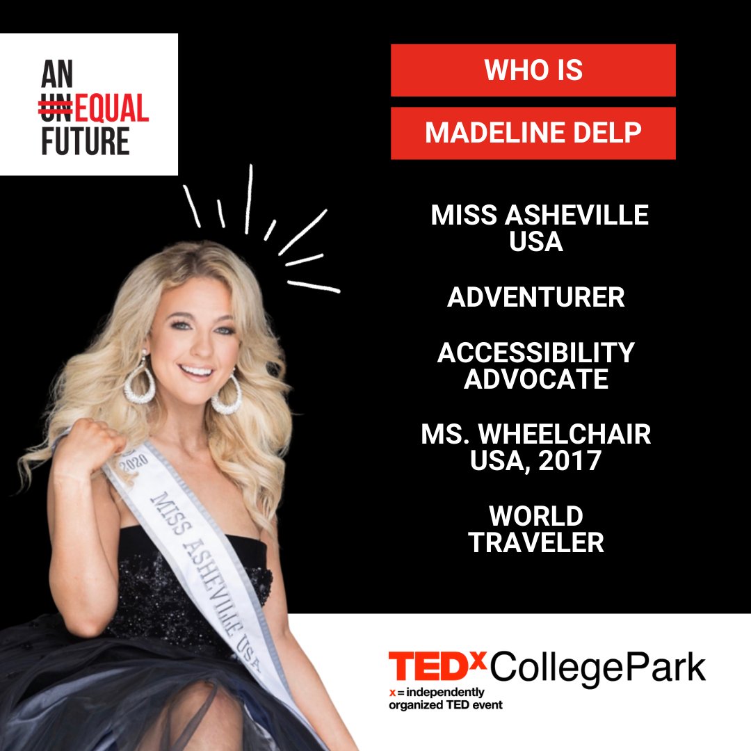 TEDxCollegePark's tweet photo. Presenter Announcement Microphone 🎤
We are excited to share that @MadelineDelp
will be joining us on 03.19.21 to share how she strives to create #AnEqualFuture for handicapped individuals.

❌Register now at https://t.co/8k7QKwaGBz 

#madelinedelp #liveboundless https://t.co/GDueldv7s6