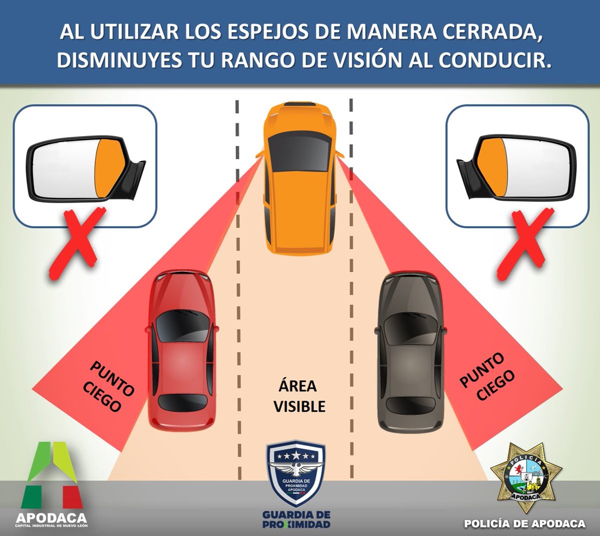 SSP_Apodaca's tweet photo. #ConductorPrincipiante Al colocar correctamente los espejos laterales, reduces las probabilidades de ocasionar algún hecho de tránsito. #AlSiguienteNivel Cc
@Cicmty @AsiEsMonterrey @MtyFollow @TraficoenMty https://t.co/ba673qTZyi