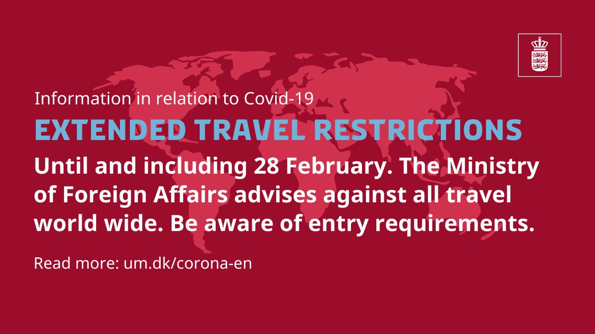 To minimise the risk of coronavirus mutations, the DK Government has decided to prolong its current travel guidelines for all destinations worldwide until and incl. 28 Feb. Be aware of entry requirements. Read more here ➡ um.dk/corona-en #COVID19dk