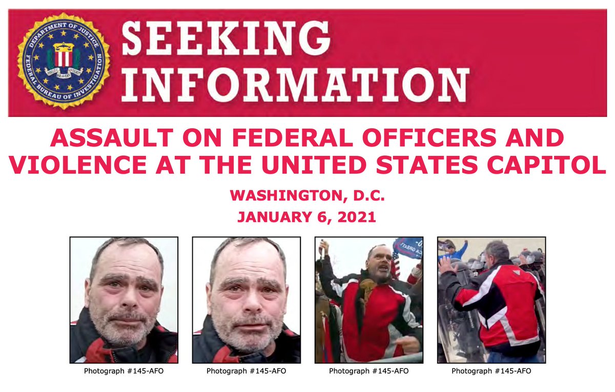 Seeking information poster of an individual who allegedly took part in the assault on federal officers and violence at the U.S. Capitol on January 6.