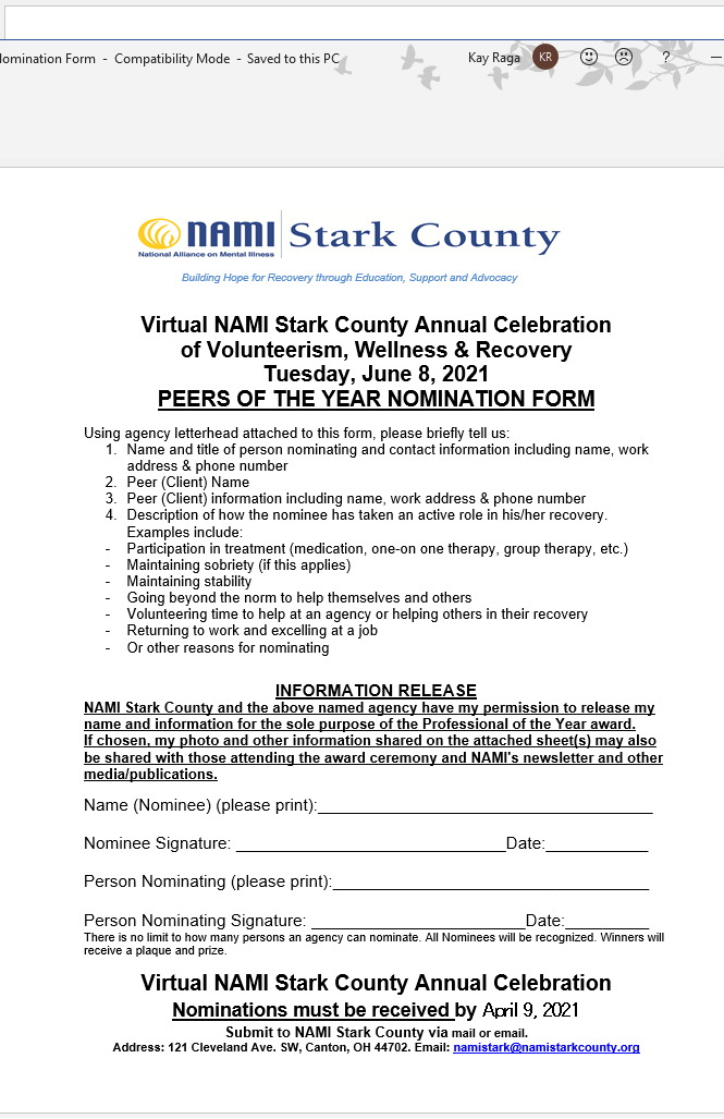 NAMIStarkCounty's tweet photo. Virtual NAMI Stark County Annual Celebration of Volunteerism, Wellness &amp; Recovery

Nominations are open for Professionals and Peer of the Year! https://t.co/QvmvXfDdV1