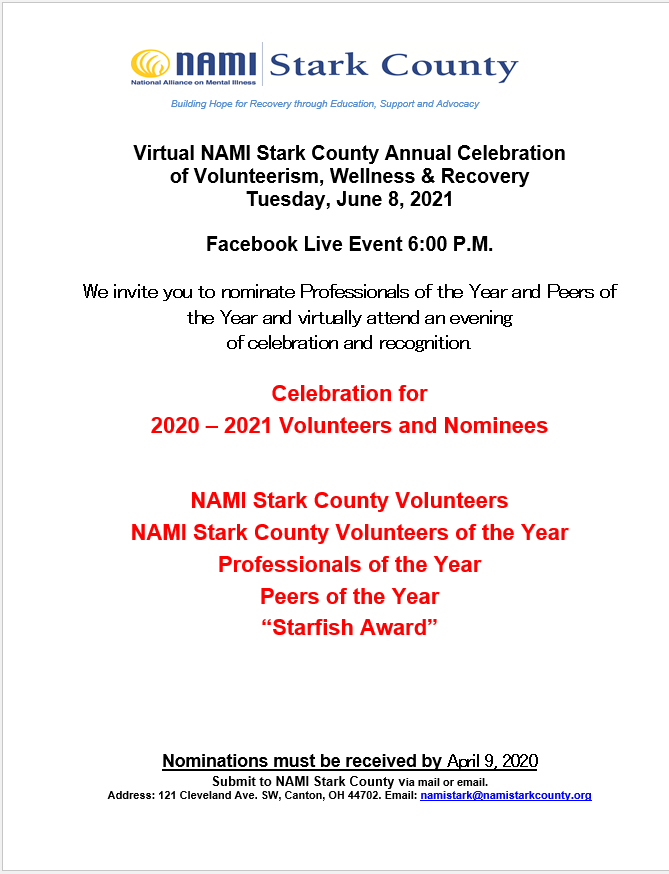 NAMIStarkCounty's tweet photo. Virtual NAMI Stark County Annual Celebration of Volunteerism, Wellness &amp; Recovery

Nominations are open for Professionals and Peer of the Year! https://t.co/QvmvXfDdV1