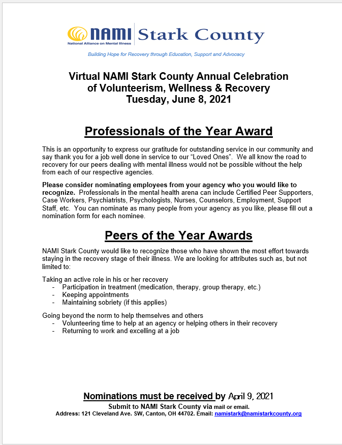 NAMIStarkCounty's tweet photo. Virtual NAMI Stark County Annual Celebration of Volunteerism, Wellness &amp; Recovery

Nominations are open for Professionals and Peer of the Year! https://t.co/QvmvXfDdV1