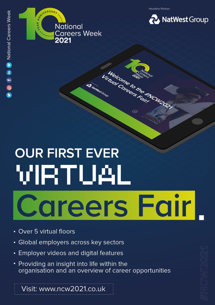 🤝 Join us.

👥 National Careers Week. 

🖥️ Virtual Careers Fair.  

🚀 Launching 1st March 2021.

⏳ The countdown is on . . . . . . 

🌐 ncw2021.co.uk

#NCW2021