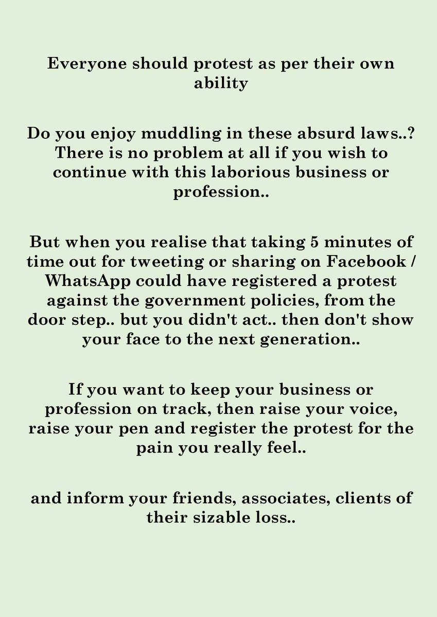 Everyone should protest as per their own ability. Do it now..

Dt.29/01/2021

#ProtestForTaxReforms
#GiveUsGoodGovernance
#GiveUsEaseofDoingBusiness