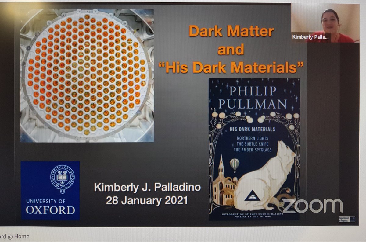 OxfordPhysics's tweet photo. Now in #StargazingOxfordatHome - Prof Kimberly Palladino on 'Detecting Dark Matter &amp; "His Dark Materials" (we are such fans @darkmaterials #darkmaterials @daemonsanddust #physics @PhilipPullman ) Join us in YouTube 💫 and post your questions on the chat box 💫 https://t.co/GiBeSGf5l1