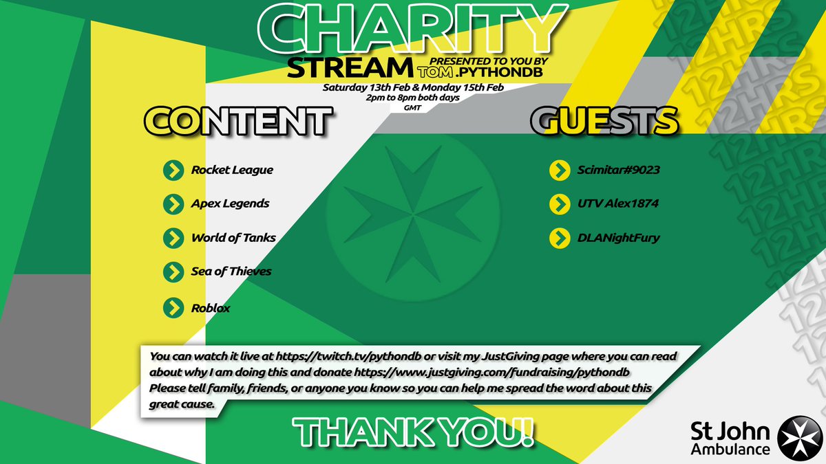 DbPython's tweet image. Charity stream for St john Ambulance!
Links:
Twitch - twitch.tv/pythondb
JustGiving - justgiving.com/fundraising/py…