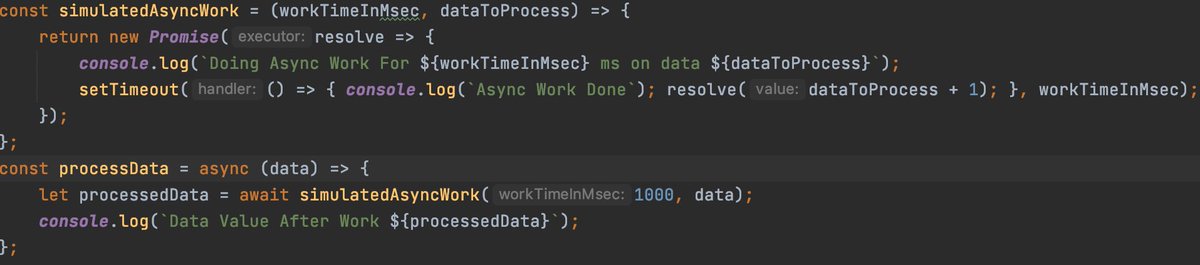 When you only have a hammer, all you see is nails.Below are examples in other programming languages of how to write async code based on this javascript example:processData is a synchronous function that needs to have work done by an async function simulatedAsyncWork
