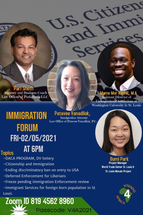 Join virtual Immigration Forum on Feb 5th. Two immigration lawyers; Pari Sheth and Patavee Vanadilok will discuss current immigration issues under the new administration. Mame will discuss about international students and Bomi about resources for foreign born in STL.  <a href="/STLMosaic/">STL Mosaic Project</a>