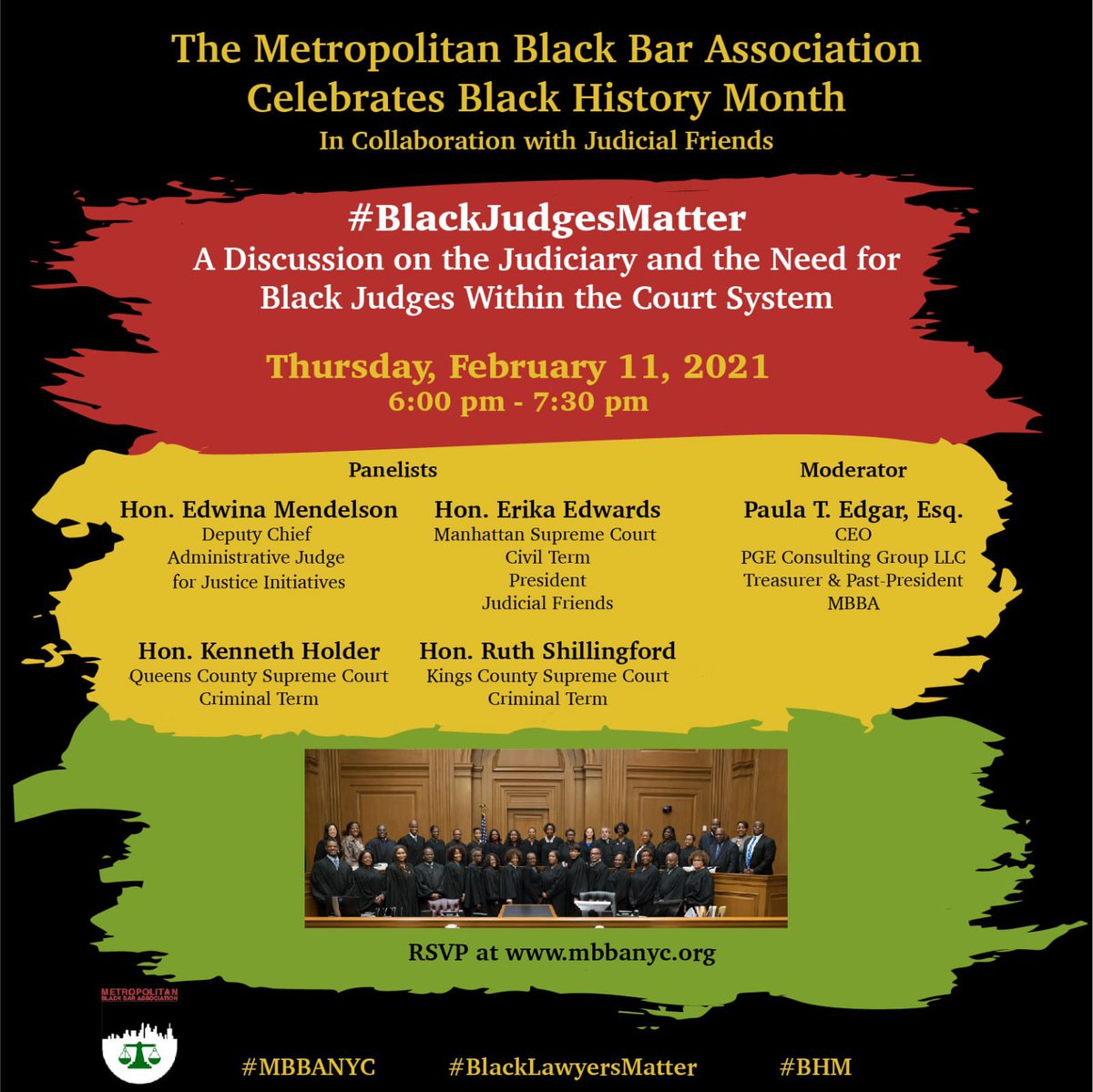MBBANYC's tweet photo. Join us on 2/11/21 as we celebrate #BlackHistoryMonth with our #BlackJudgesMatter: A Discussion on the Judiciary & the Need for Black Judges Within the Court System Virtual Event!
RSVP at https://t.co/g0hxY75ekd
#MBBANYC #MBBALEAP #BLACKLAWYERSMATTER #BLACKJUDGESMATTER #BHM2021 https://t.co/TDNgCuJVpV