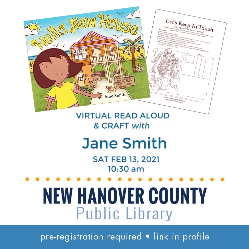 SuperJaneArtist's tweet photo. Join me for a #virtualbookevent w/ the @NHCLibrary! Iβll be doing a #HelloNewHouse #readaloud & #craft! Letβs have #fun #together!π€©πππ βοΈ @AWcreativedesk @AlbertWhitman #bookevent #childrenbookevent #wilmingtonNC #wrightsvillebeachNC #NCartist #NCauthor #read #moving #newhouse https://t.co/93CN6wNq8Y
