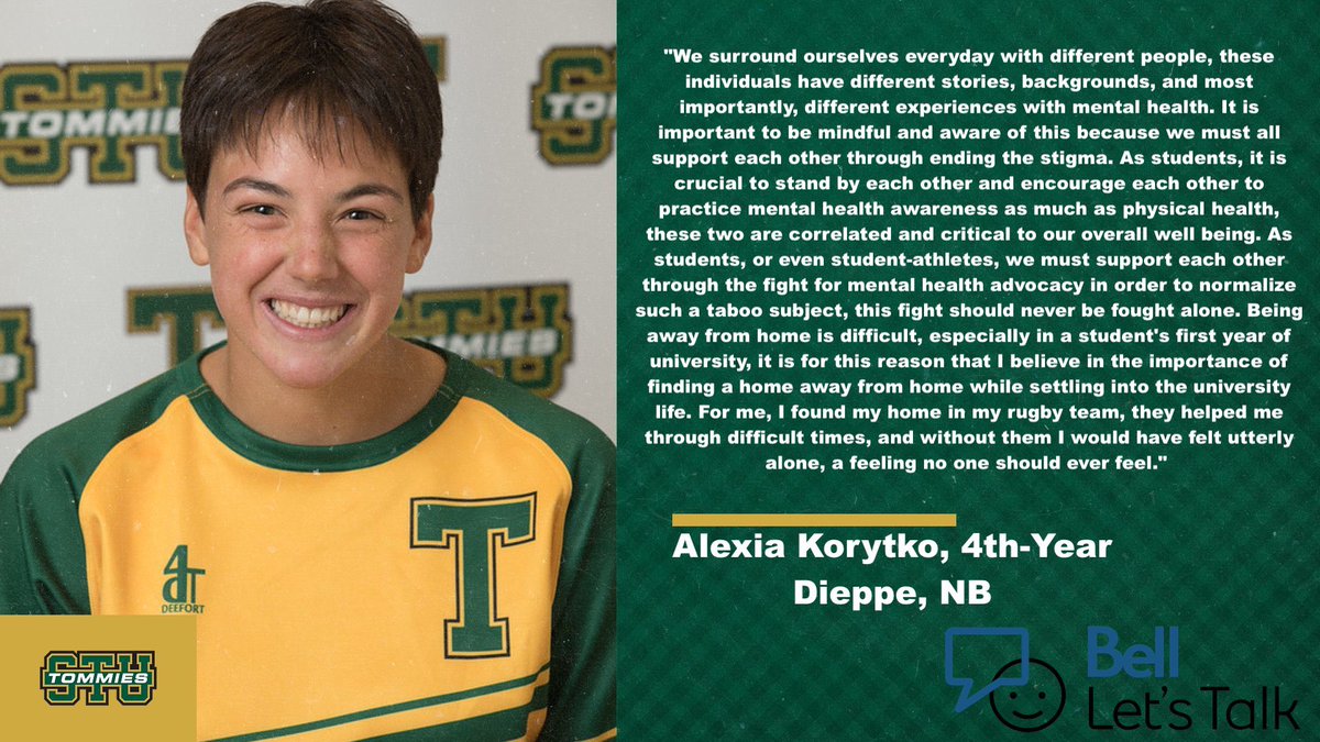 #BellLetsTalk “[...] Without [my team] I would have felt utterly alone, a feeling no one should ever feel.” 
- Alexia Korytko, 4th year
   Dieppe, NB