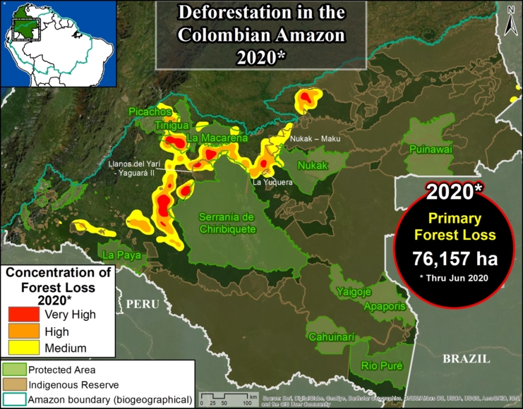Esta imagen nos hace zoom en Colombia. "Muestra la reciente deforestación de más de 500 hectáreas en el Parque Nacional  #Chiribiquete (...) parece ser la conversión del bosque en pastos para el ganado".