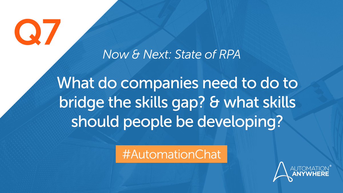 AutomationAnywh's tweet photo. Q7 #AutomationChat - Last question!
Every report you’ve seen lately cites the need for upskilling, reskilling, and a skills gap in the #futureofwork. What do companies need to do to bridge the gap? What skills should people be developing for the #futureofwork? https://t.co/H7HtACMVlc