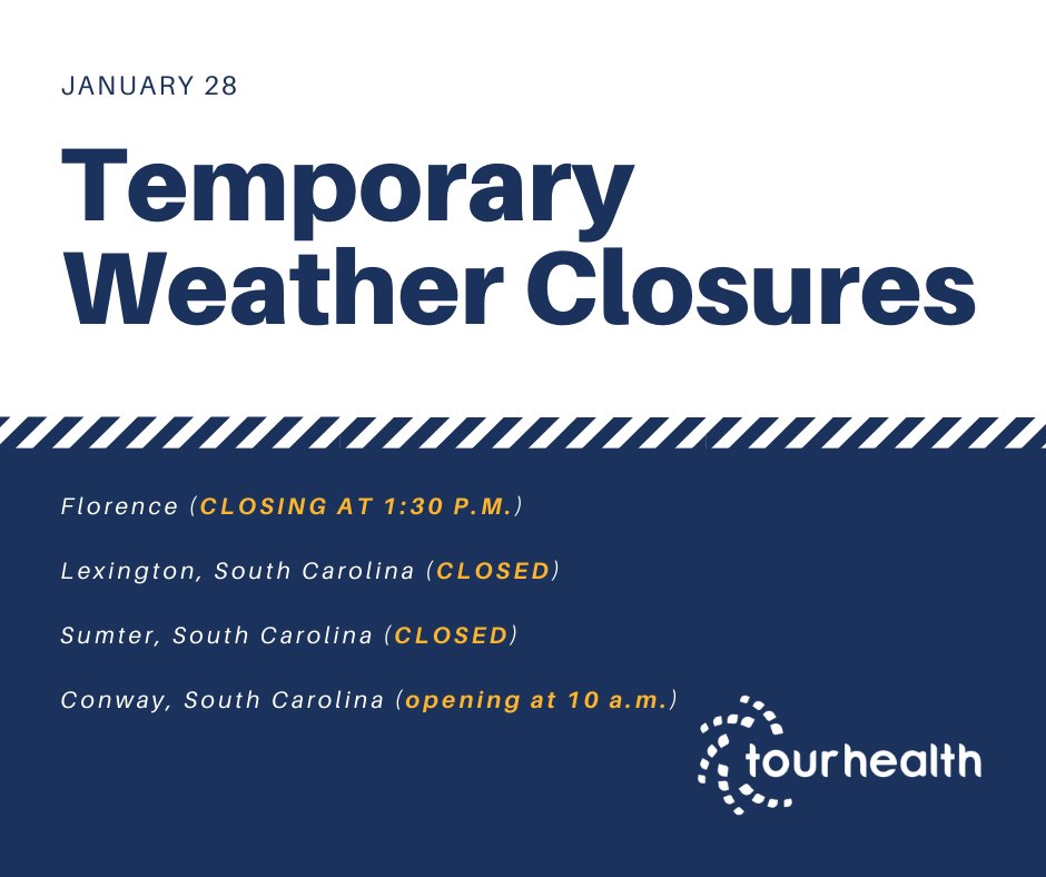 GoTourHealth's tweet photo. UPDATE - The Florence, SC location will also be closing at 1:30 p.m. 

@scflorencecity https://t.co/CKJQQ6tFrr