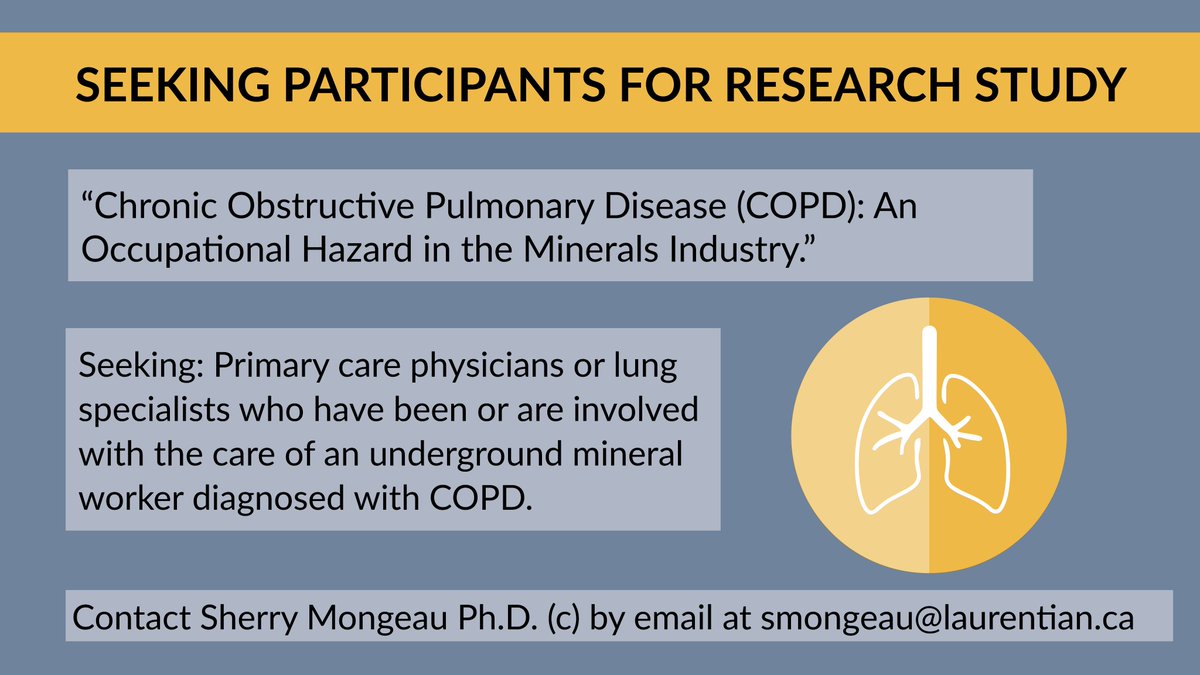 CROSH_CRSST's tweet image. For her research, PhD Candidate and CROSH member @mongeau_sherry of @LaurentianU is looking to interview primary care physicians or lung specialists involved with the care of an underground mineral worker diagnosed with COPD. They can contact smongeau@laurentian.ca to learn more.