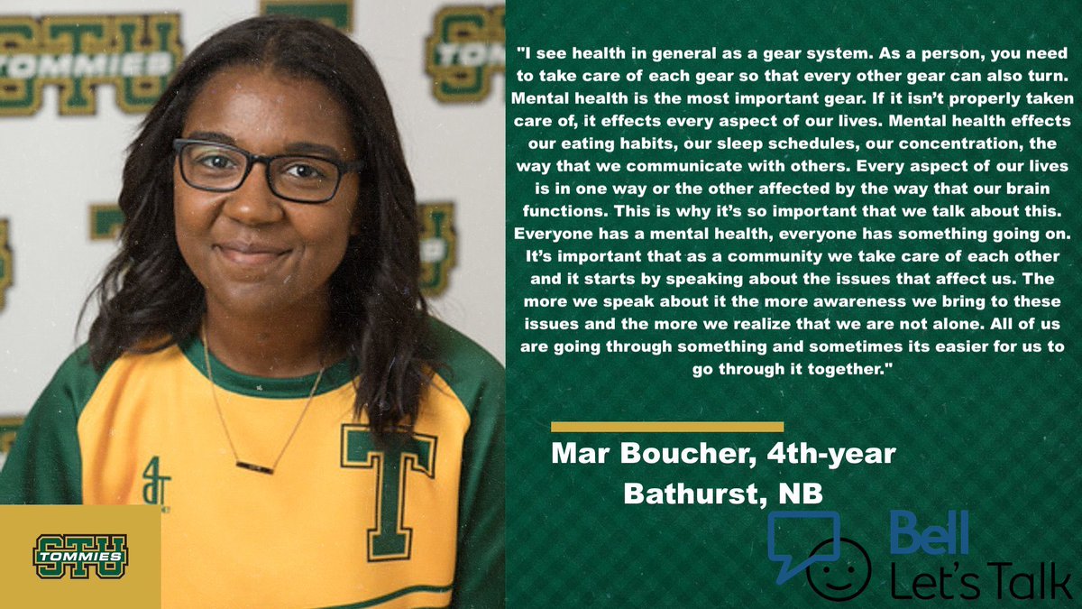 #BellLetsTalk “I see health as a gear system. You need to take care of each gear so that every other gear can also turn. Mental health is the most important gear. If it isn’t properly taken care of, it effects every aspect of our lives.”
- Mar Boucher, 4th-year.
   Bathurst, NB