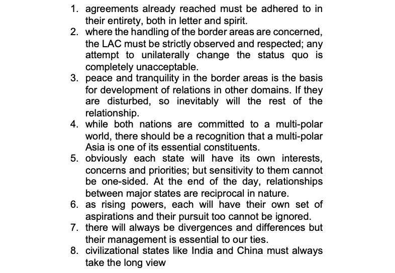 10/ Jaishankar puts the ball in Beijing’s court. Says doesn’t know where relationship is going but makes clear that it has to be based on respect for- 3 mutuals (respect, sensitivity, interests)- 8 propositions (req respect agmts, reciprocity, space for India, managing diff)