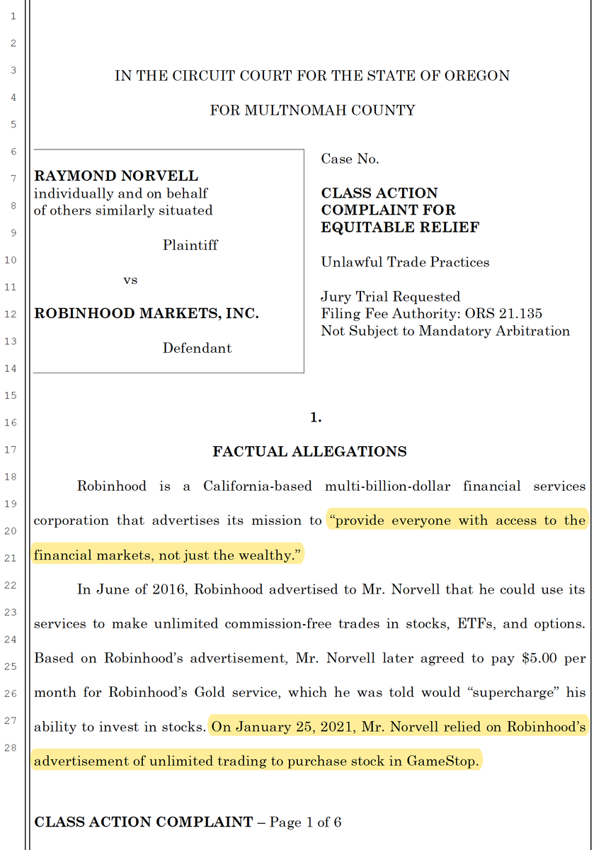  #UPDATE: 2nd  @RobinhoodApp class action suit filed this afternoon in Multnomah County Circuit Court in Portland, Oregon. Claims this morning's halt of  @Gamestop buying = unlawful trade practices. Claims "not subject to mandatory arbitration"  #wallstreetbets  #GME  @CourthouseNews
