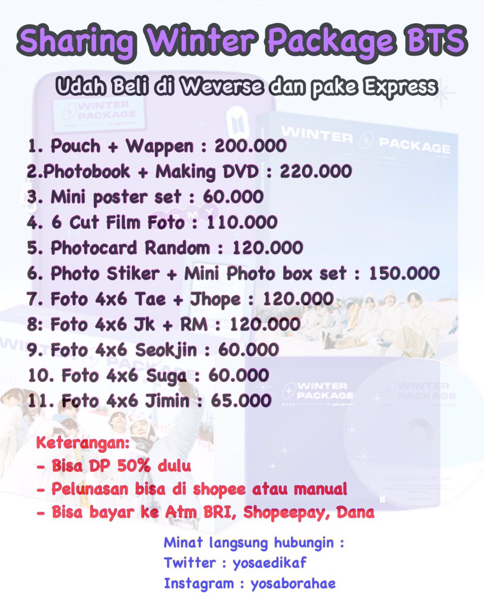 yosaedikaf's tweet photo. OPEN SHARING WINTER PACKAGE 2021 BTS ☃️💜 #winterpackage2021 #sharingwinterpackage  UDAH CO YA DI WEVERSE DAN PAKAI EXPRESS. DP DAN PELUNASAN BISA PAKE SHOPEE https://t.co/CROymy5IZs