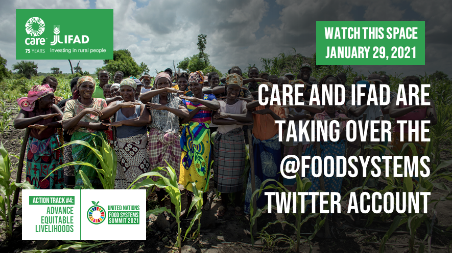Flyer of today's Twitter takeover by IFAD and CARE from the UN Food Systems Summit's Action Track 4