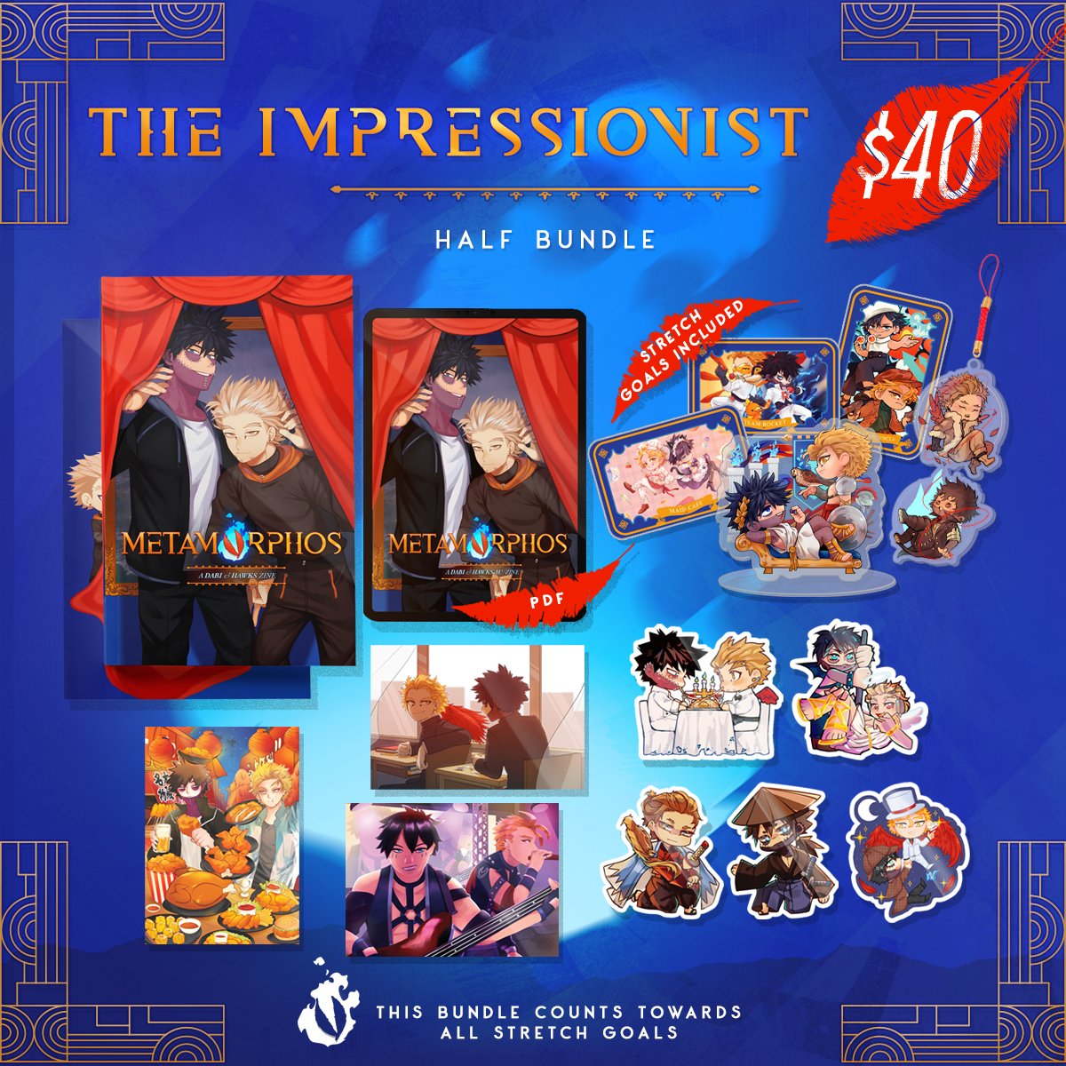 dabihawksauzine's tweet photo. 🖌️We've curated plenty of DabiHawks content into 2 bundles:

"The Impressionist" (Half Bundle) »» includes a copy of the zine, 3 prints, and 5 stickers

"The Renaissance" (Full Bundle) »» contains everything we have to offer, including an acrylic charm and 5 buttons! https://t.co/UaIuLBTI7l