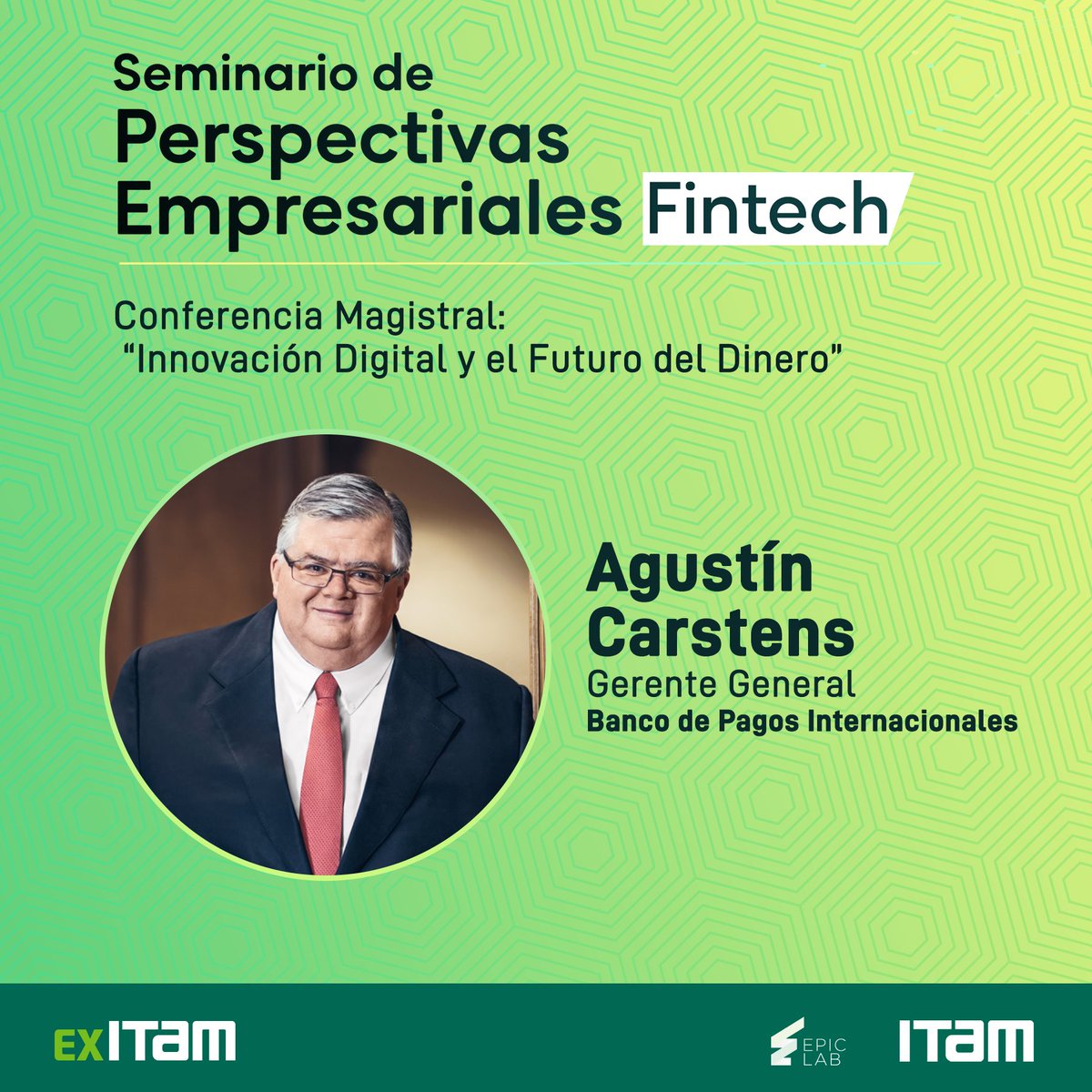 ExITAM's tweet photo. .@ExITAM te invita al Seminario de Perspectivas #EmpresarialesITAM #FintechITAM con Agustín Carstens, Gerente General del @BIS_org_jobs.
📅 5 de febrero
⏰ 08.50 a 13.40 h
Agenda y registro 👉 https://t.co/ZuvZSAQKcz https://t.co/3TWpRYAGvT