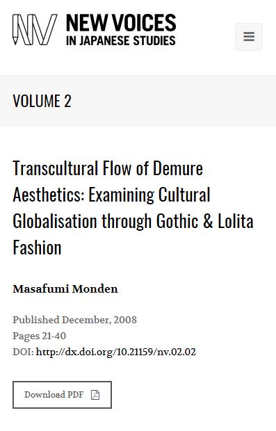 NVJSjournal's tweet photo. @sifaremm For more from Masafumi Monden on fashion in the Japanese context, see his #NV2 paper (one of our most popular of all-time): "Transcultural Flow of Demure Aesthetics: Examining Cultural Globalisation through Gothic &amp; Lolita Fashion" 
#nvjsalumni 
https://t.co/W85rqzSzrm https://t.co/plWulJS4b2