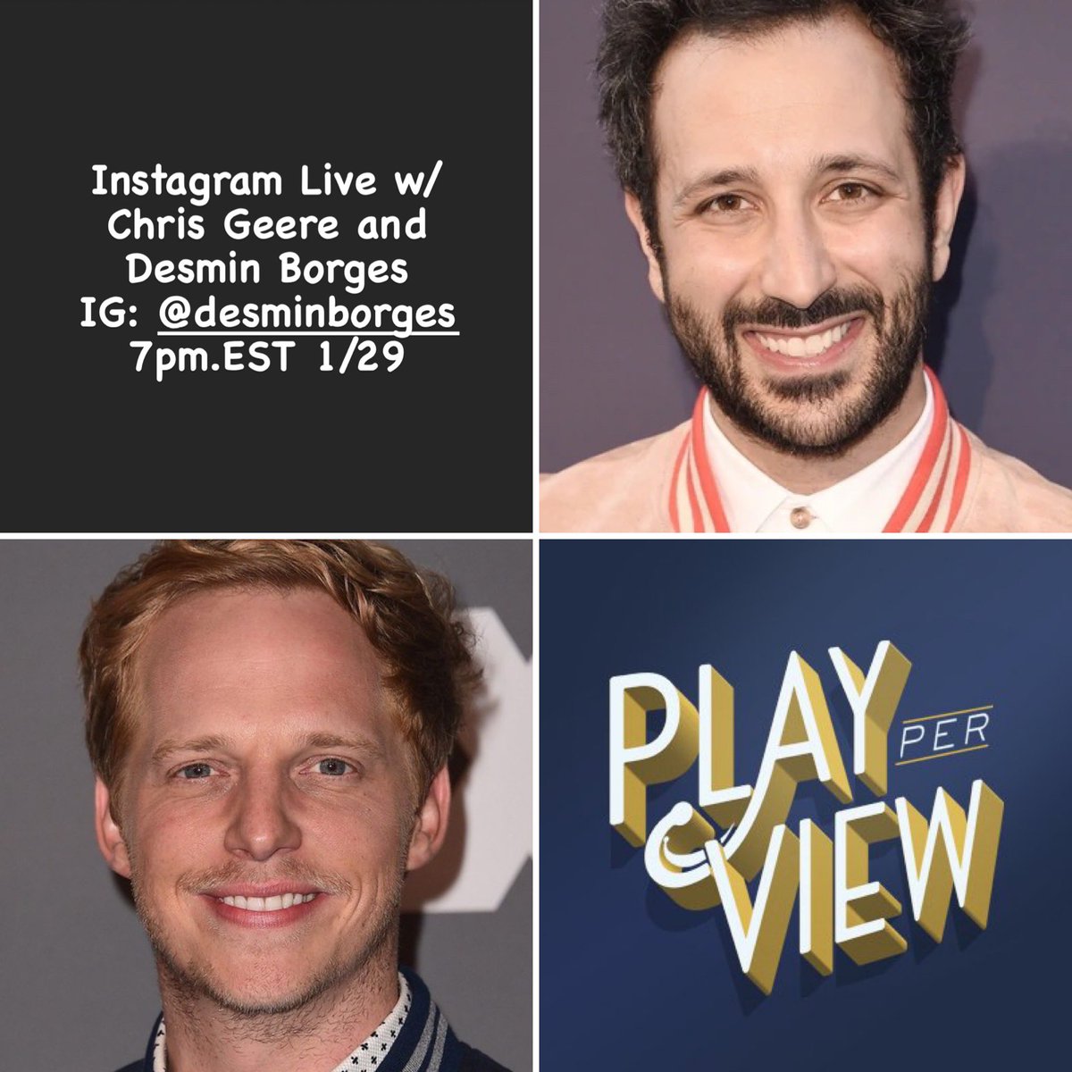Play-PerView (@play_perview) on Twitter photo Special Instagram Live hang tomorrow evening at 7pm.EST with <a href="/cwgeere/">Chris Geere</a> and Desmin Borges over at IG: desminborges
And get tickets for Sundays <a href="/YTWFXX/">You're The Worst</a> reunion at Tinyurl.com/PPVYTWREUNION Special Instagram Live hang tomorrow evening at 7pm.EST with <a href="/cwgeere/">Chris Geere</a> and Desmin Borges over at IG: desminborges
And get tickets for Sundays <a href="/YTWFXX/">You're The Worst</a> reunion at Tinyurl.com/PPVYTWREUNION
