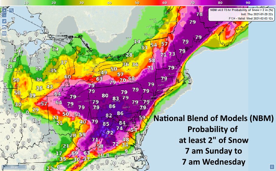 NWSEastern's tweet photo. Potential for a significant winter storm this weekend into early next week. Probabilities of snowfall for the 72 hours from 7 am Sunday to 7 am Wednesday are from the National Blend of Models (NBM) which combines forecasts from a large number of computer models. https://t.co/Wl2qAKNkjM
