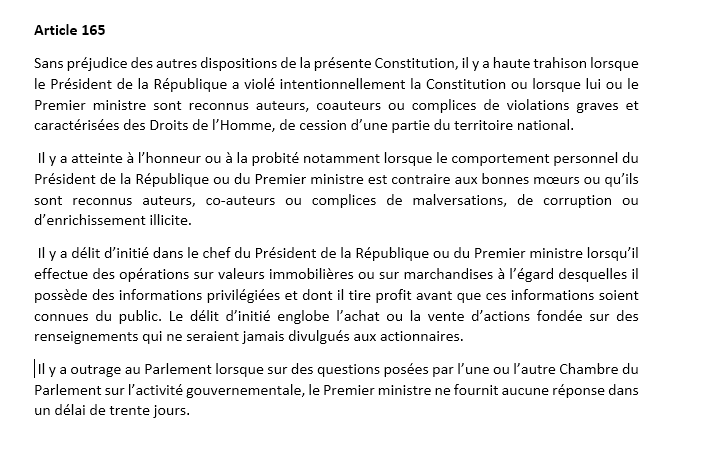 kinshasaweb's tweet photo. [A (re)lire]📢🗣 Que dit Article 165 ‼️ l'#Article165 ‼️ la constitution de la #RDC #DRC ↔.Sans préjudice des autres dispositions de la présente Constitution, il y a haute
trahison lorsque  https://t.co/Kw01TB1Y4Y … … … @AssembleeN_RDC @senatrdc @PrimatureRDC @Presidence_RDC https://t.co/zLUgXn8KTn
