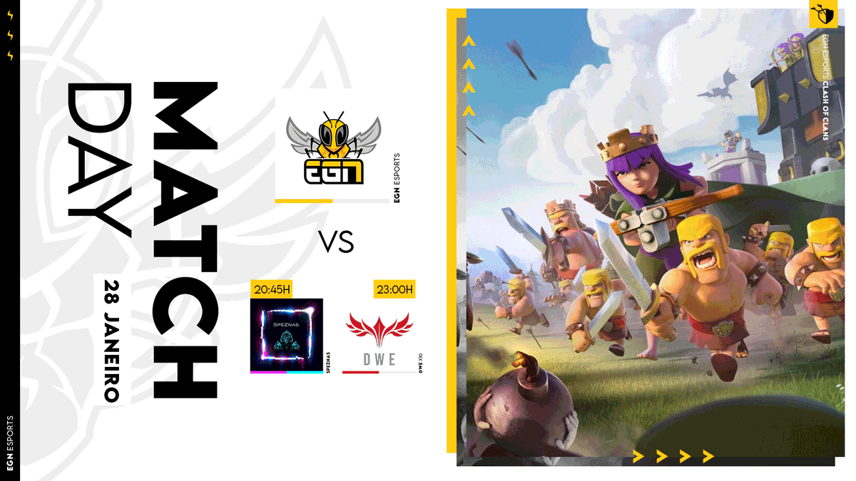 Seguimos para mais uma noite competitiva em Clash of Clans. Tragam mais duas vitórias para casa, rapazes!💥

🏆 | GML
🆚 | Speznas
🕣 | 20:45H

🏆 | WMT
🆚 | DWE
🕚 | 23:00H

Boa sorte a todos! 👊

#BeEGN #BeTheHive
