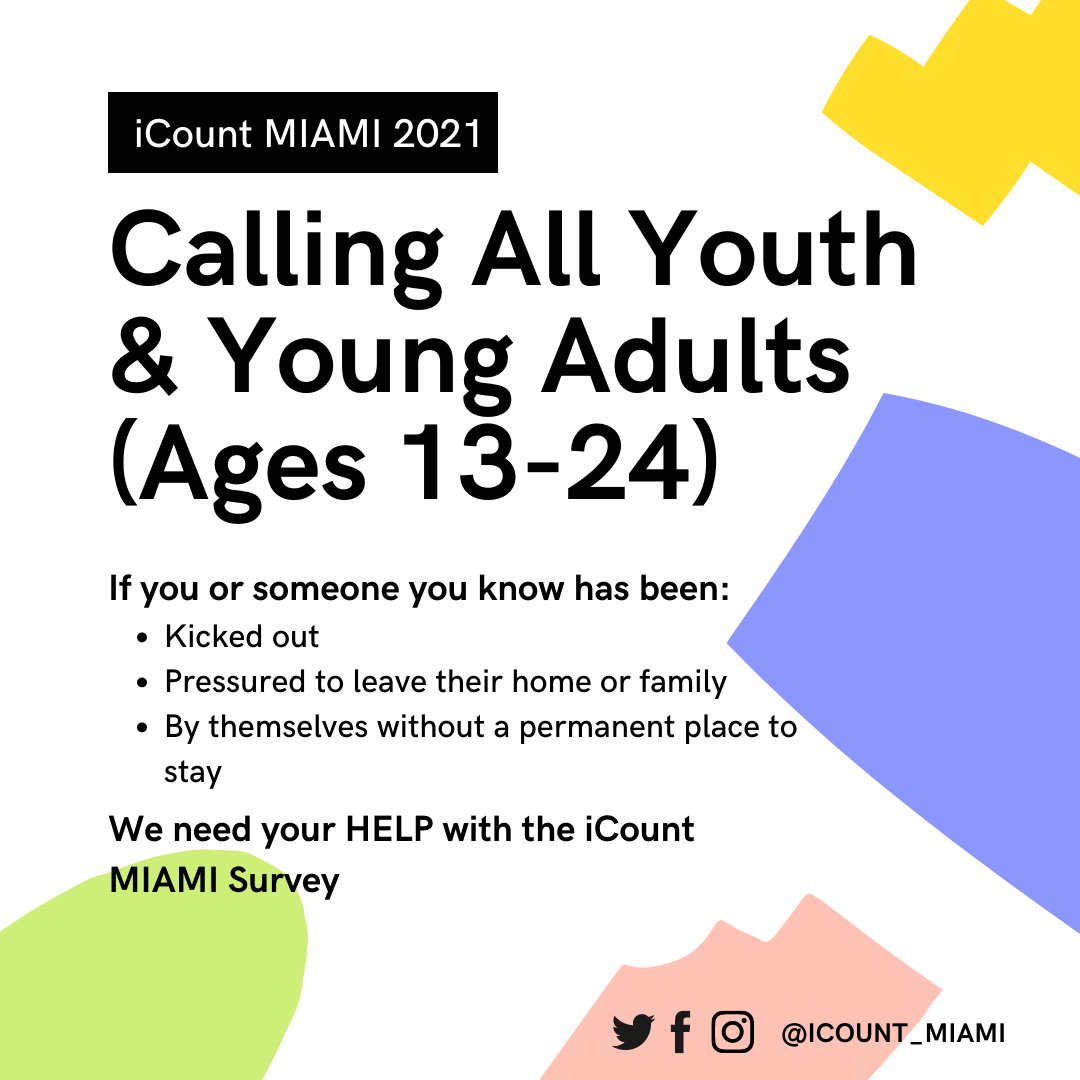 MiamiHomes4All's tweet photo. Calling all youth and young adults! @Homy_305 and @iCount_Miami wants to know how we can help prevent and end housing instability for young people. Call 2-1-1 or text "iCount Miami" to 898211 today and take the survey! Free gift card for anyone who completes the survey. https://t.co/Ycy7HmTKNH