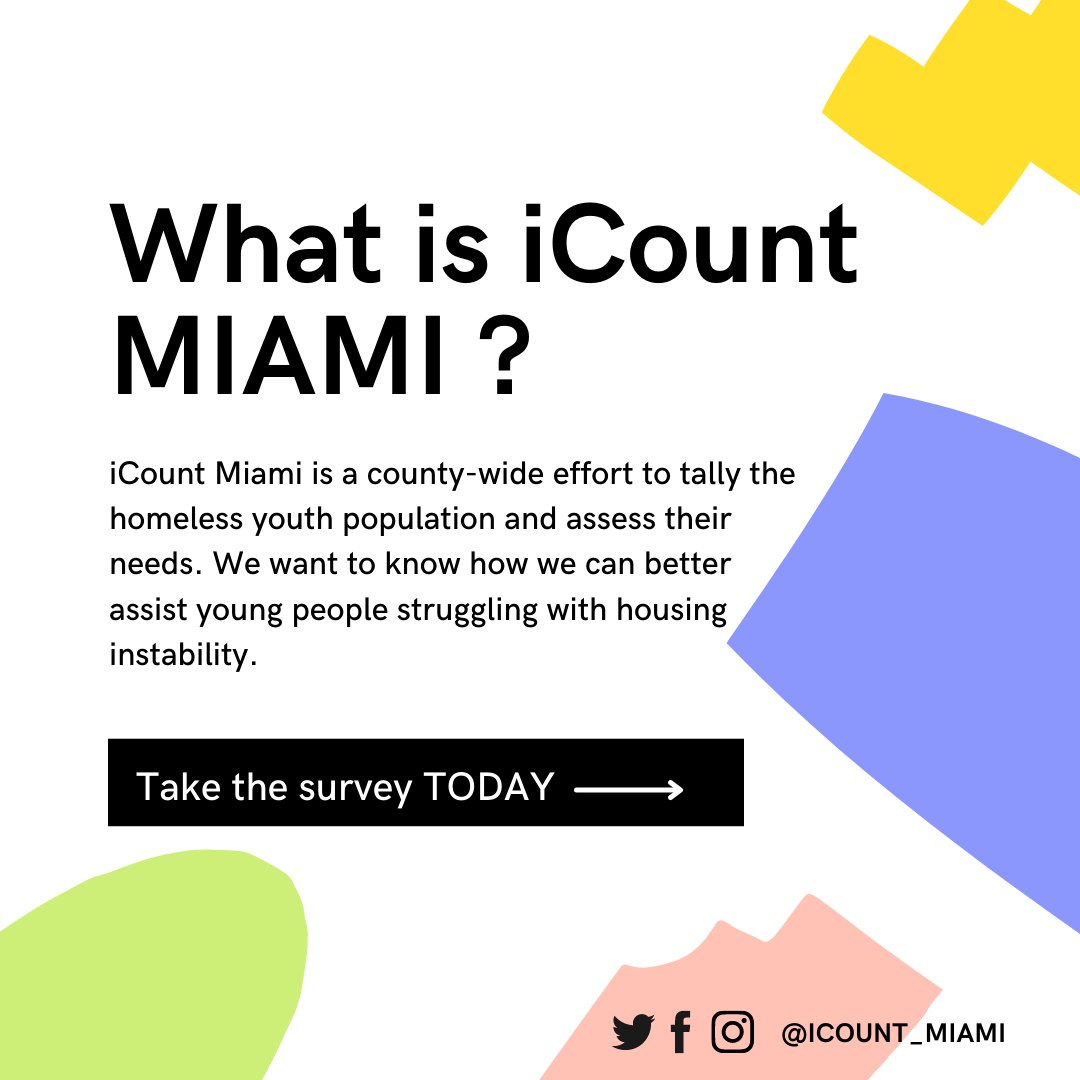Calling all youth and young adults! @Homy_305 and <a href="/iCount_Miami/">iCount Miami</a> wants to know how we can help prevent and end housing instability for young people. Call 2-1-1 or text "iCount Miami" to 898211 today and take the survey! Free gift card for anyone who completes the survey.