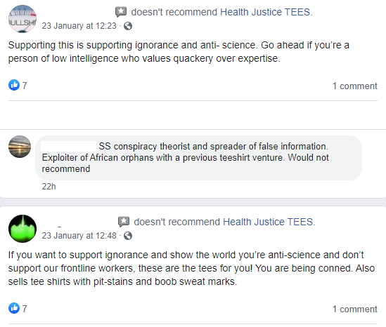 Check out these rave reviews on her Health and Justice tees FB page!