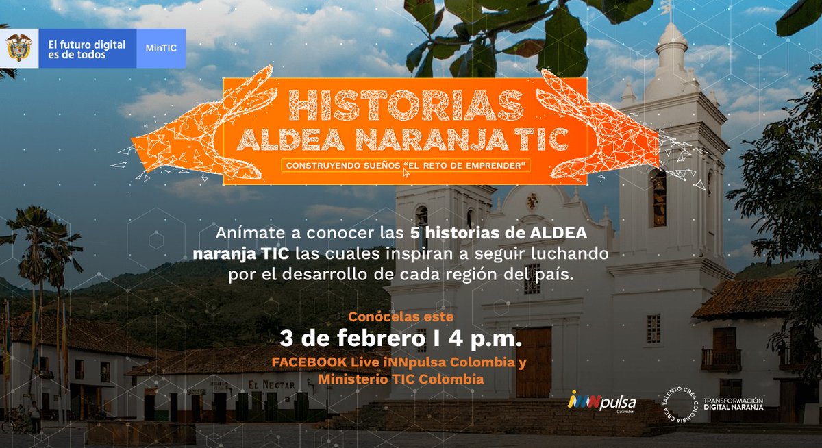 InnpulsaCol's tweet photo. #TransformaciónDigitalNaranja | @Ministerio_TIC e @iNNpulsaCol te invitan a conocer #ElRetoDeEmprender junto a 5 emprendedores inspiradores, que con creatividad están transformando sus regiones.
Este 3 de Febrero, 4 p.m. 👉https://t.co/krkuuuXAMl https://t.co/MucA2OAys4