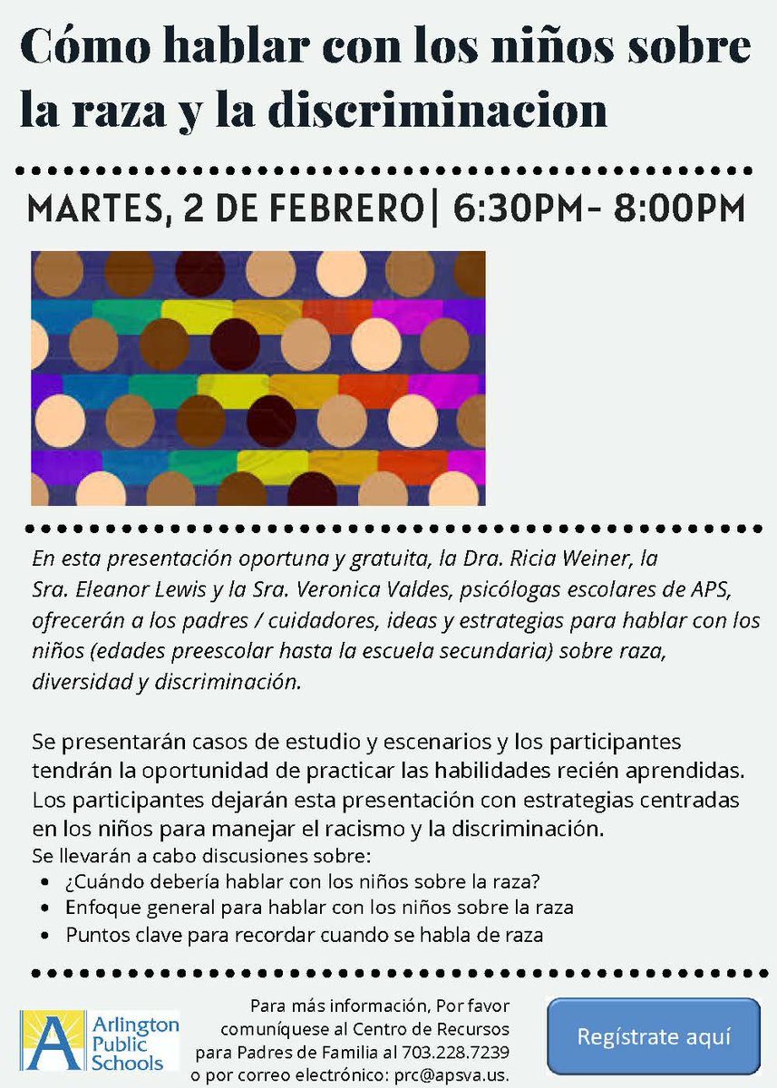 ParentResourceCenter (@aps_prc) on Twitter photo Don't miss Talking with Kids about Race and Discrimination on February 2nd! Register here: docs.google.com/forms/d/e/1FAI… <a href="/ArlingtonSEPTA/">Arlington SEPTA</a> <a href="/ARLSEPTA_ES/">Arlington SEPTA ES</a> <a href="/KellyKrugOSE/">Dr.Kelly Krug</a> <a href="/APSVirginia/">Arlington Public Schools</a> <a href="/WendyCarria/">Wendy Carria</a> <a href="/APSface/">APS Office of Family & Community Engagement</a> <a href="/APS_StudentSrvc/">APS Office of Student Services</a> <a href="/APSEquity/">Arron Gregory</a> Don't miss Talking with Kids about Race and Discrimination on February 2nd! Register here: docs.google.com/forms/d/e/1FAI… <a href="/ArlingtonSEPTA/">Arlington SEPTA</a> <a href="/ARLSEPTA_ES/">Arlington SEPTA ES</a> <a href="/KellyKrugOSE/">Dr.Kelly Krug</a> <a href="/APSVirginia/">Arlington Public Schools</a> <a href="/WendyCarria/">Wendy Carria</a> <a href="/APSface/">APS Office of Family & Community Engagement</a> <a href="/APS_StudentSrvc/">APS Office of Student Services</a> <a href="/APSEquity/">Arron Gregory</a>