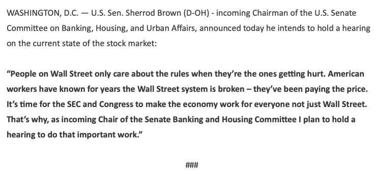 NBCNews's tweet photo. NEW: Sen. Brown, incoming chairman of Senate Banking Cmte., announces he intends to hold hearing "on the current state of the stock market":

"It’s time for the SEC and Congress to make the economy work for everyone not just Wall Street." https://t.co/qAkmarR7Mp