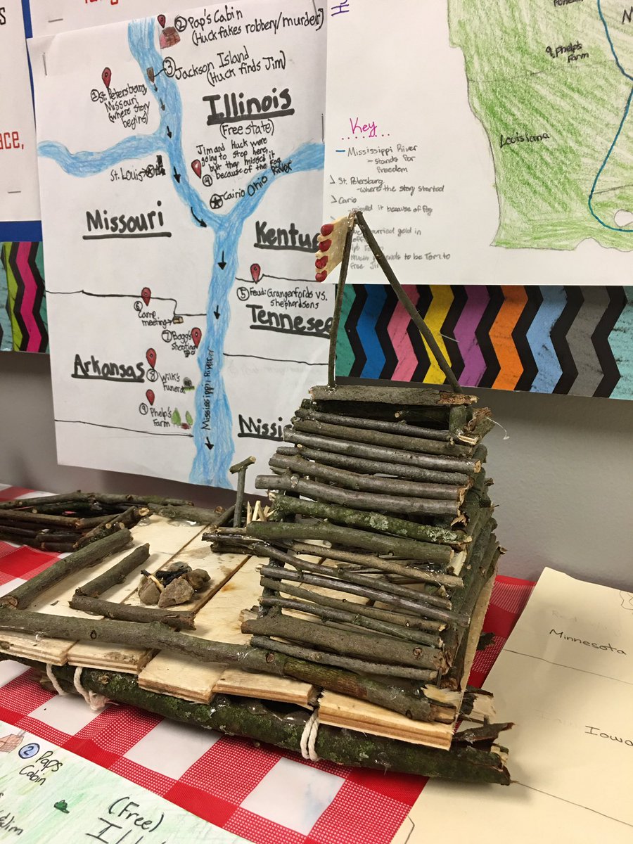 HeritageNL's tweet image. As 7th grade finished their literature unit on Huck Finn, they were required to create a game, poster, or scale model of some aspect of the book. Their creativity is now on display for the rest of our students to see and discuss. #HCSTransform