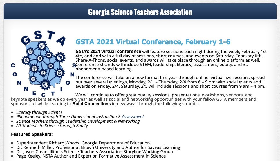 susanpagekeeley's tweet photo. Georgia Sci Teachers- Looking forward to giving the Thur keynote and a Sat short course on Developing Formative Assessment Probes that Uncover Students' Ideas. "See" you at the virtual conference! https://t.co/uZZEbVrnG1 #GSTA #GSTA21 #NSTA #GeorgiaScience https://t.co/Y1xEl9w2Wv