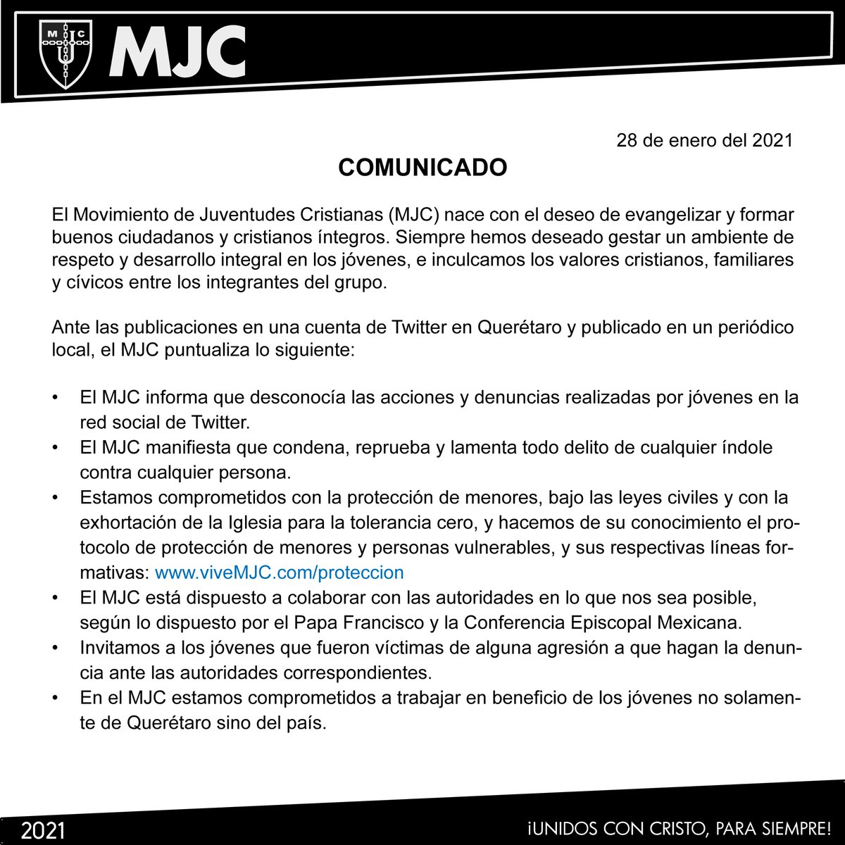 MJCNACIONAL's tweet photo. Comunicado Oficial por parte del Equipo de Coordinación Nacional del Movimiento de Juventudes Cristianas, al 28 de Enero de 2021. https://t.co/TTrO3SLFMU