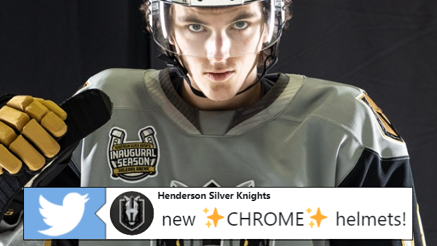 BarDown's tweet photo. The Henderson Silver Knights will rock chrome helmets this year and yes, they look WILD 🤯. MORE: https://t.co/sOL17sW75y #BellLetsTalk https://t.co/AD6dtroURr