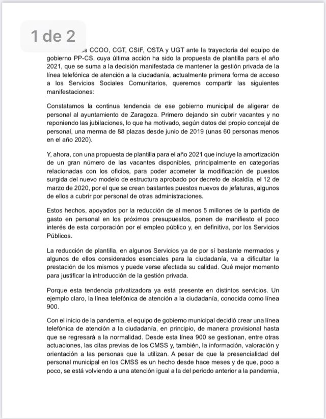 ccoozaragoza's tweet photo. Os adjuntamos el texto leído por la presidenta de la junta de personal de @zaragoza_es Pilar Sancho de @ccoozaragoza y os enlazamos en este hilo los cortes de vídeo de la lectura del mismo. #AzconPrivatiza https://t.co/5zCvXAGnjv